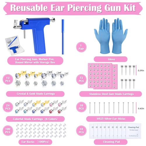Ear Piercing Gun Kit, Reusable Ear Nose Piercing Gun Machine with Stainless Steel Piercing Earrings Studs, Crystal Earrings for At Home Salon Earlobe Cartilage Helix Tragus Piercing Tool Set