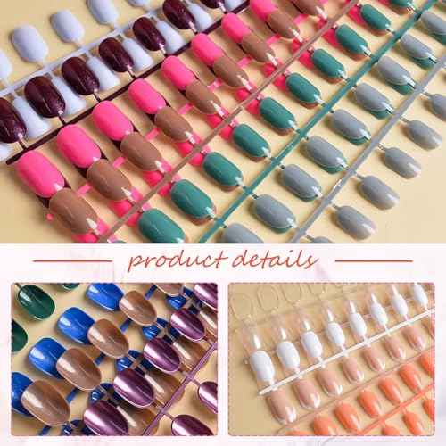 EBANKU 960pcs Short Colorful False Nails for Women Oval Press on Nails Glossy Acrylic Full Cover Artificial Fake Nail Tips with Nail File Nail Stick