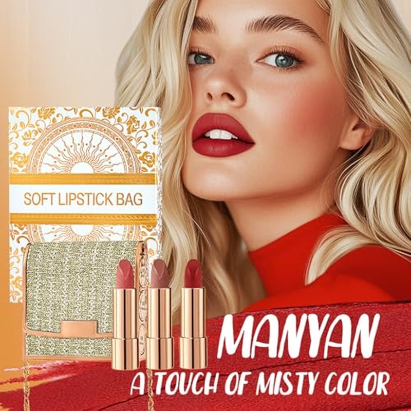 3 Colors Matte Lipstick Set Long Lasting Lip stick 24 hr Lip stick for Women Waterproof Non-sticky Multi-occasions Professional Lipstick for Women lip balm with Exquisite Chain Bag 3.5gx3pcs