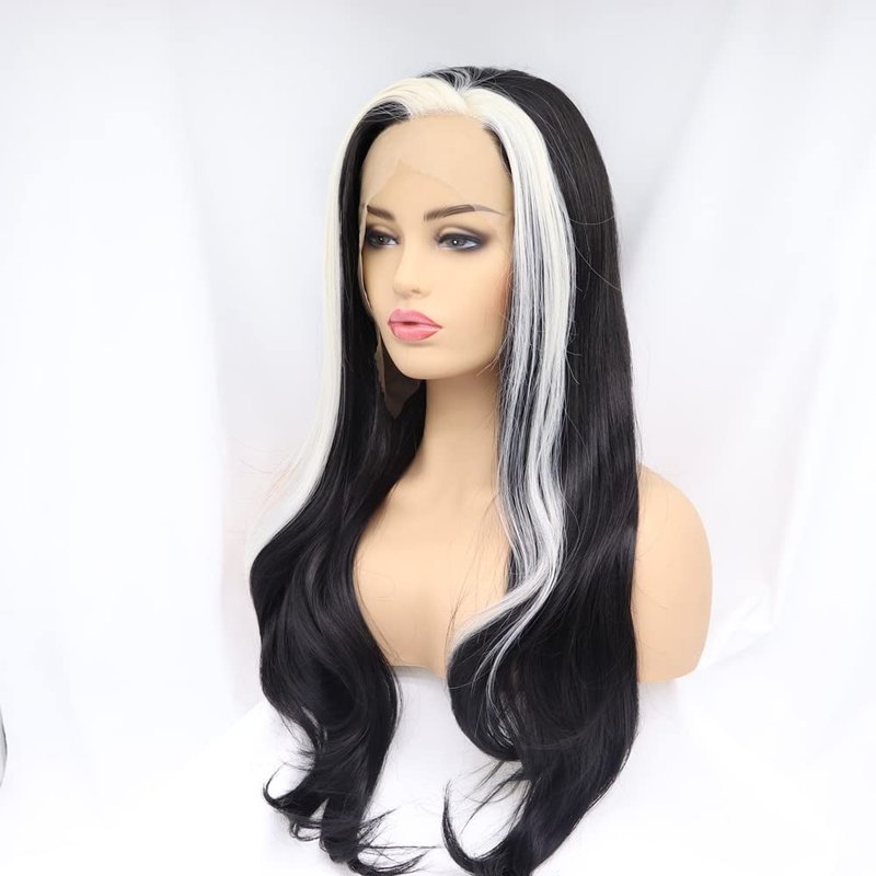melody wig Natural Black Wig Synthetic Streaked Black/Blonde Mixed Lace Front Wigs For Women Hair Heat Resistant Fiber Long Straight Wigs Cosplay Part