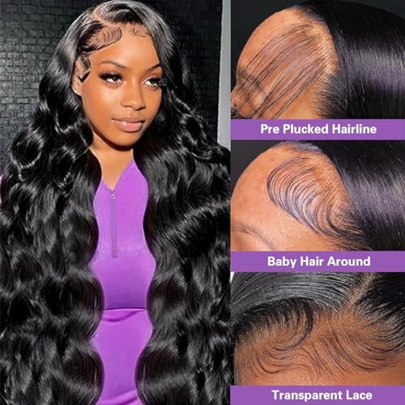 30 inch Lace Front Wig Human Hair Pre Plucked 13x6 Body Wave HD Lace Front Wigs Human Hair for Women 180% Density Glueless Brazilian Virgin Human Hair Wig with Baby Hair Natural Black