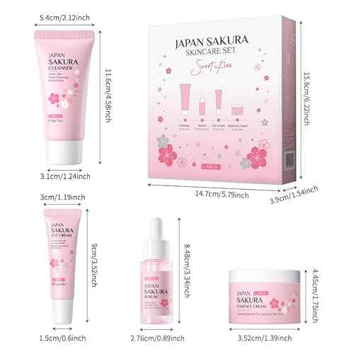 Skin Care Set JAPAN SAKURA Beauty Gift Sets Skin Care Kit with Cleanser, Serum, Eye Cream, Face Cream Travel Kit for Women Mom Wife Teen Girls Gentle Skin Cleaning TSA-friendly Sizes 4pcs