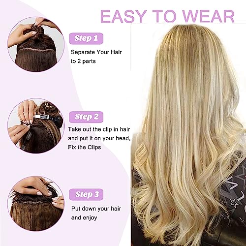 Invisible Hair Extensions Clip In Real Human Hair Balayage Chestnut Blonde to Platinum Blonde Highlight Hair Extension 16Inch 80G One Piece Clip in Remy Hair Body wave Double Weft V Shape Clip on Hair
