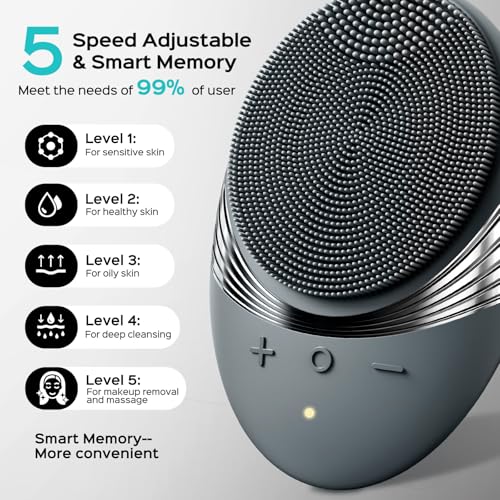 COSLUS Facial Cleansing Brush Face Scrubber : Portable Silicone Waterproof Rechargeable Face Wash Brush, 5 Cleansing Modes, Electric Deep Cleaning for Men & Women, Removing Blackhead, Exfoliating