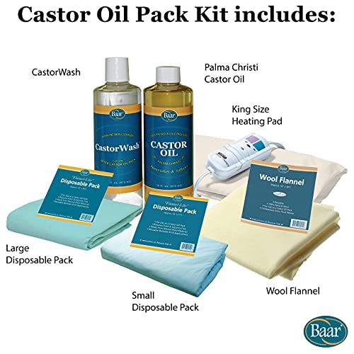 Baar Castor Oil Packs Kit: Heating Pad with Auto Shut Off; Cold Pressed, Cold Processed, Hexane Free, Palma Christi Castor Oil; Reusable, Unbleached Wool Flannel Cloth; & Disposable Castor Oil Packs