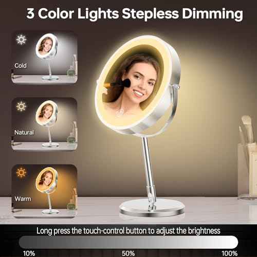 7¡± Magnifying Mirror with Lights,1X/10X Double Sided Lighted Makeup Mirror with Magnification, Rechargeable Battery, Dimmable, 3 Lighting Colors, Chrome