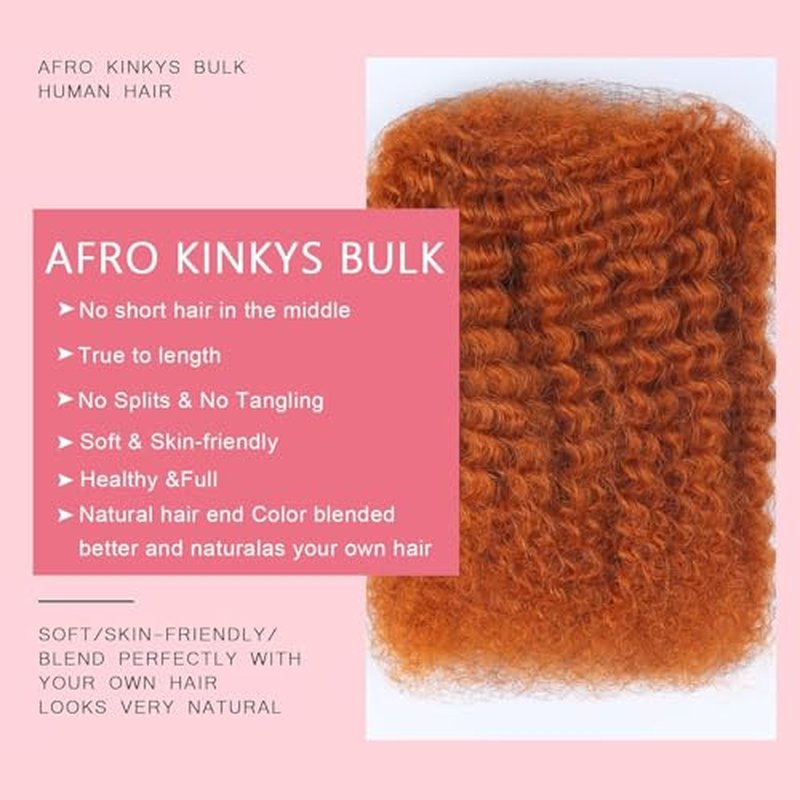 Afro Kinkys Bulk Human Hair for Dreadlocks Kinky Curly Hair for Loc Extensions 100% Real Human Hair Afro Kinky-Curly Human Braiding Bulk for Twist & Repair Locs 4 Packs 200 Gram 16 Inch Ginger