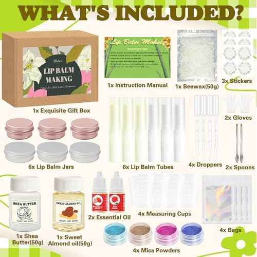 Thaluna Lip Balm Making Kit- Shea Butter Make Your Own Lip Balm for Adults, Moisturizing DIY Lip Gloss Kit with Beeswax, Sweet Almond Oil, Essential Oil, Empty Tubes, Christmas Gift for Girls & Women