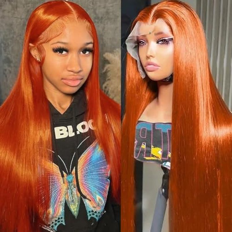 22 Inch Ginger Orange Lace Front Wigs Human Hair Pre Bleached 200% Density 13x6 HD Straight Lace Front Wigs Pre Plucked with baby Hair
