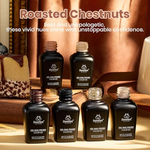 Beetles Fall Brown Gel Polish - 6 Colors Nude Brown Neutral Beige Khaki Glitter Gold Gel Nail Polish Set Roasted Chestnuts Collection Uv Gel Nail Art Manicure