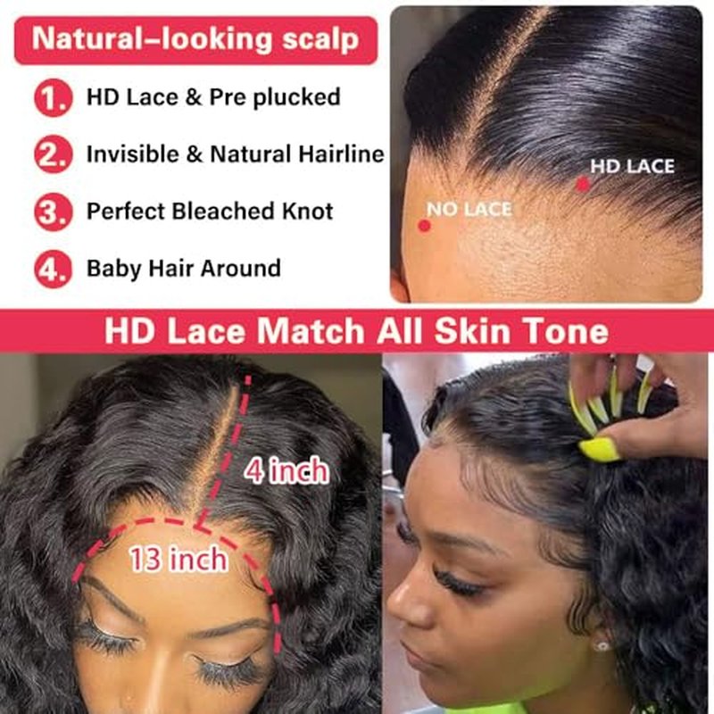 13x4 Deep Wave Lace Front Wigs Human Hair 24 Inch HD Deep Curly Lace Front Wigs Human Hair 200 Density Frontal Wigs for Women