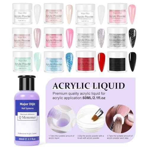Major Dijit Acrylic Nail Kit with Nail Lamp, 0.35 oz White Clear Pink Black and More 12 Colors Acrylic Powder and Liquid Kit, Electric Nail Drill, Glitter, Nail Art Brushes,Nail Kit for Beginners
