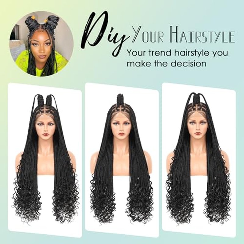36 Inch 13X8 HD Lace Front Box Braided Wigs With Boho Curly Ends Knotless Braided Wig For Women Premium Synthetic Braids Lace Front Wig With Baby Hair Natural Black