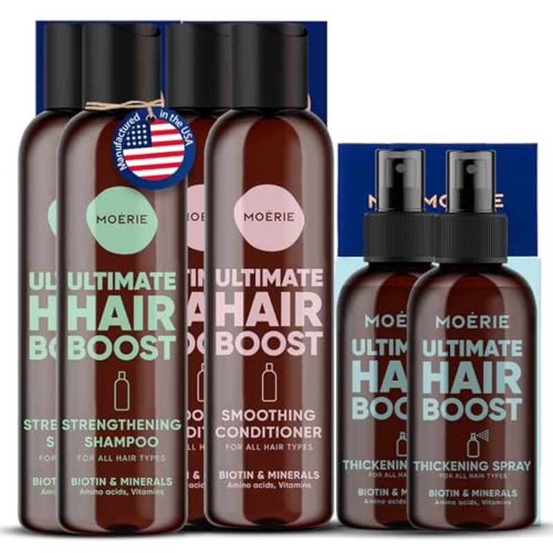 Moerie Mineral Shampoo and Conditioner Plus Hair Growth Spray Set ? Ultimate Hair Care Pack ? For Longer, Thicker, Fuller Hair - Volumizing Hair Care Products ? Paraben & Silicone Free - Double Set
