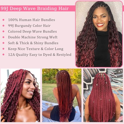 Human Braiding Hair for Boho Braids 18inch Deep Wave Bulk Human Hair for Braiding Knotless 12A 100% Unprocessed Brazilian Virgin Hair Extensions Bulk Bohemian 2 Bundles 99J Color