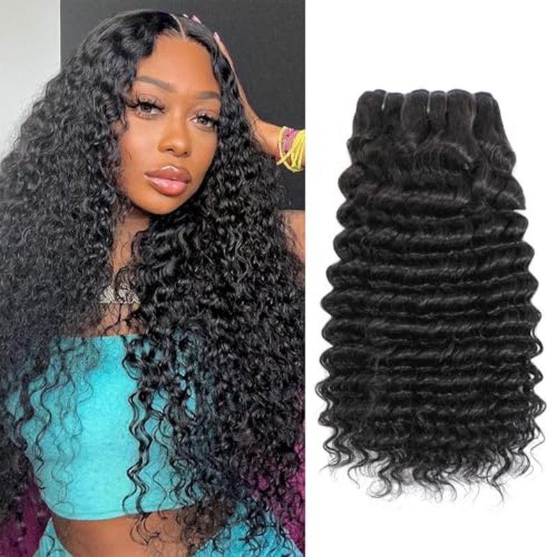 15A Raw Indian Deep Wave Human Hair Bundles 14 16 18 Inch Deep Culry Quick Weave Wet and Wavy Bundles Human Hair Double Drown Weft Hair Extensions Natural Black Color Remy Virgin Hair Bundles