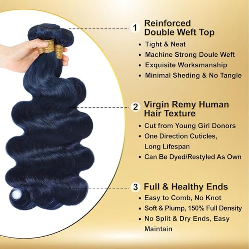 Dark Blue Body Wave Human Hair Bundles, Quick Weave Sew In Wavy 12A 100% Brazilian Virgin Hair, Soft Glossy Thick, Perfect for Quick Weave Sew-In Styles 3 Bundles 10 12 14 Inch