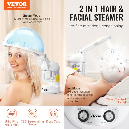 VEVOR Hair Steamer, 2 in 1 UV Ozone Hair & Facial Steamer with Detachable Bonnet Hood, Nano Ionic Face Steamer with 360¡Æ Rotatable Sprayer for Deep Conditioning, Perfect for Salon Spa Home Beauty
