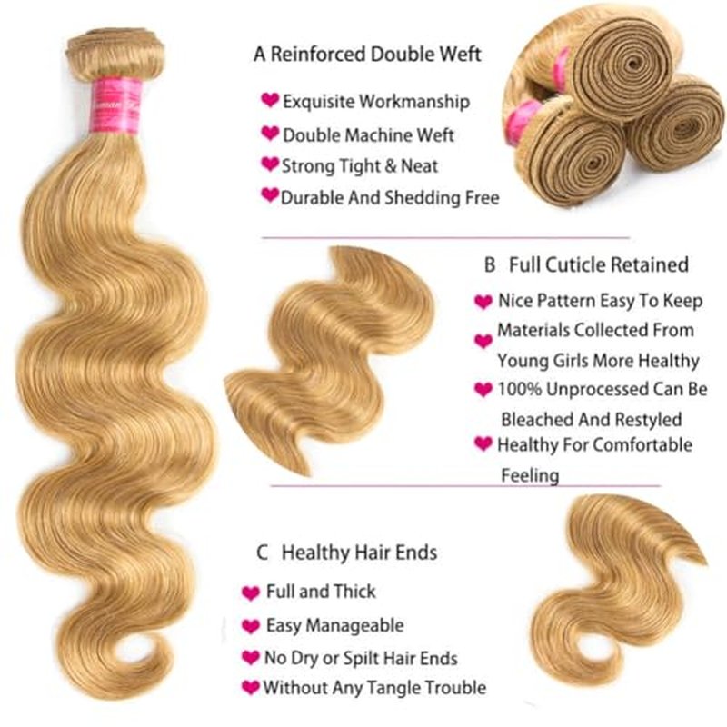 Aopusi Honey Blonde Human Hair Bundles #27 Colored Body Wave Brazilian Remy Human Hair Weft Blonde Hair 3 Bundles Blonde Body Wave Bundles(18 20 22 Inch)
