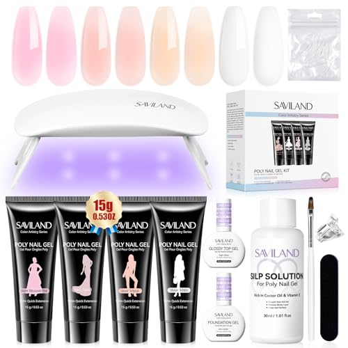SAVILAND Poly Gel Nail Kit Starter: 4 Colors Natural Clear Poli Gel Para U?as with Mini U V/LED Lamp Slip Solution Quick Dry Nourish Nails 28 Days Durable for Gifts Daily Nail Art DIY Salon Home Use