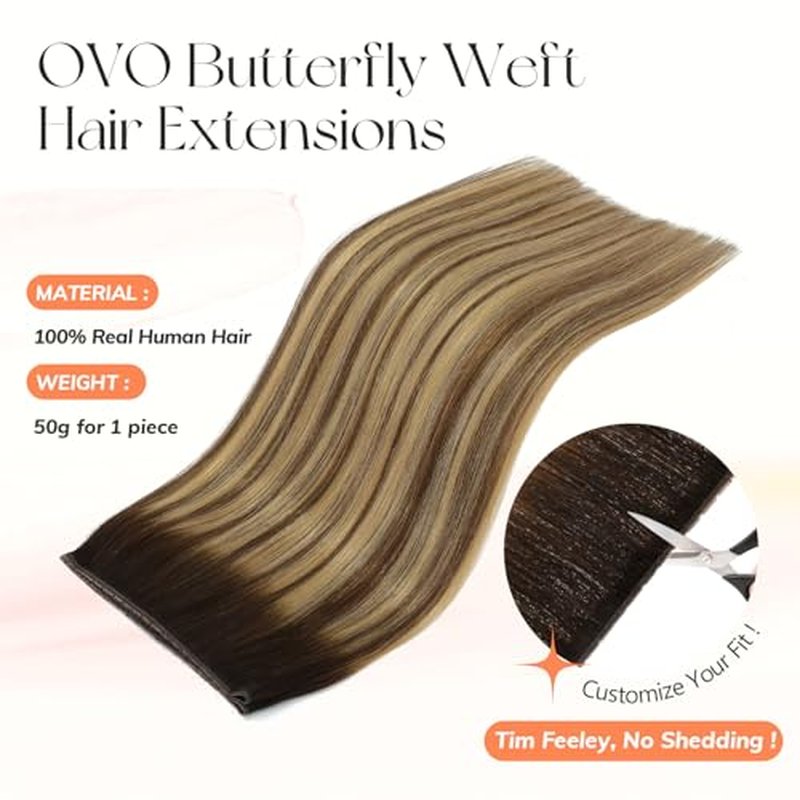 OVO Double PU Weft Hair Extensions Human Hair Ombre Brown Highlight Seamless Invisible Weave,Beaded Flat Weft Extensions, Soft & Natural Real Human Hair Extensions