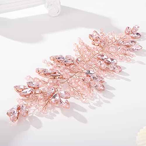 Teyglen Women's Handmade Bridal Hair Vine with Pink Rhinestones and Crystals, Large Headpiece for Brides and Girls