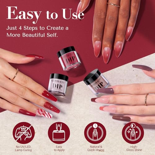 AZUREBEAUTY Dip Powder, Brown Red Glitter 6 Colors Dipping Powder Starter Kit French Nail Art Manicure DIY Salon for Women, No Need Nail Lamp Cured
