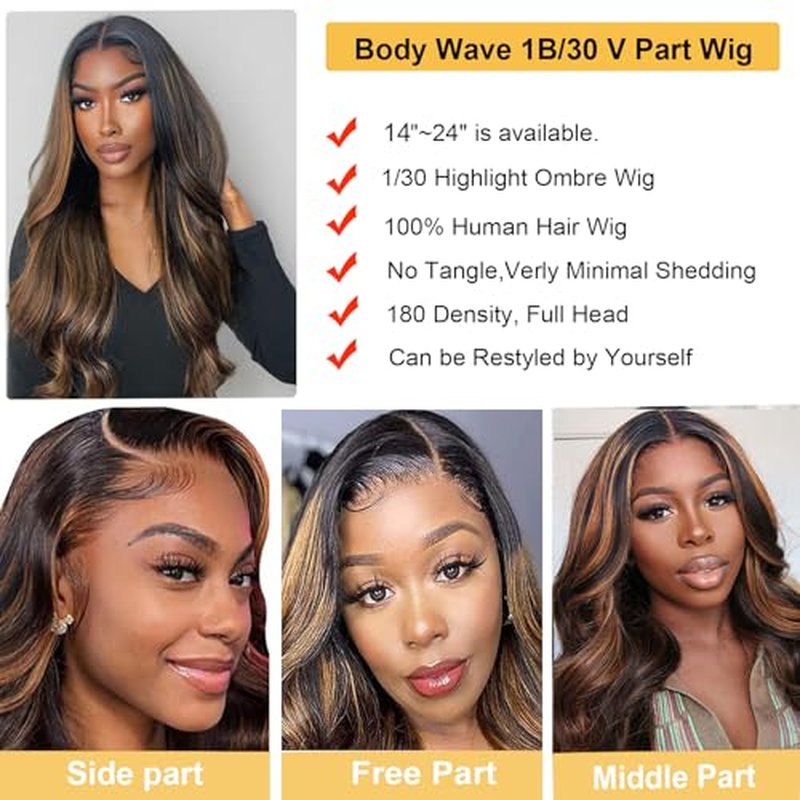 V Part Wigs Human Hair Body Wave 1B/30 Highlight Ombre Wigs for Black Women Wear and Go Glueless Human Hair Wig Upgrade U Part Wig No Sew in No Glue Beginner Friendly 180% Density 22 inch