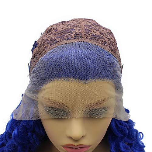 iwonawig Iewig Long Curly Blue Heat Resistant Wig Half Hand Tied Synthetic Hair Front Lace Wig