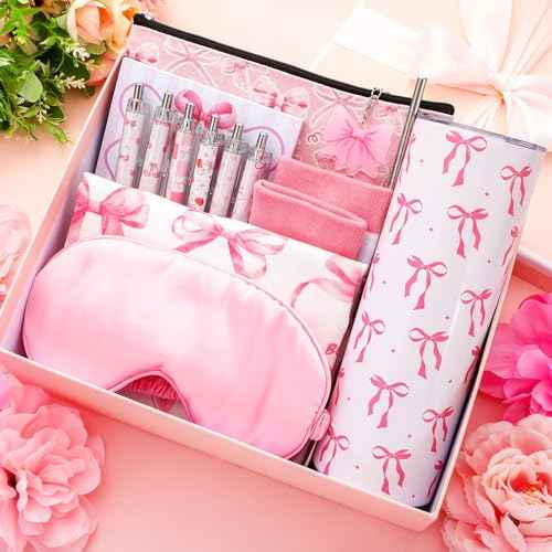Sieral 14 Pcs Christmas Coquette Pink Bow Gift Set for Santa Women Include Pink Bow Tote Bag 20oz Stainless Steel Cup Socks Gel Ink Pens Sticky Keychain Eye Mask for Gifts