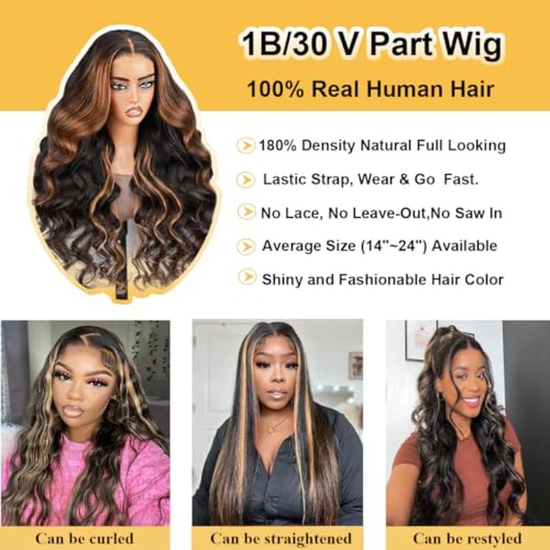 V Part Wigs Human Hair Body Wave 1B/30 Highlight Ombre Wigs for Black Women Wear and Go Glueless Human Hair Wig Upgrade U Part Wig No Sew in No Glue Beginner Friendly 180% Density 22 inch