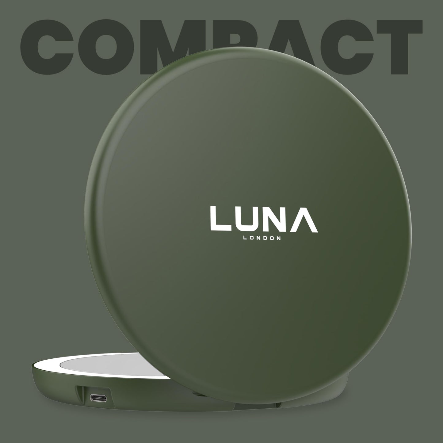 LUNA London Compact Travel Mirror | Travel Makeup Mirror with Light | LED Lighted Vanity Mirror with 3 Light Modes | 7X Magnification Folding Portable & Rechargeable (Forest Green)