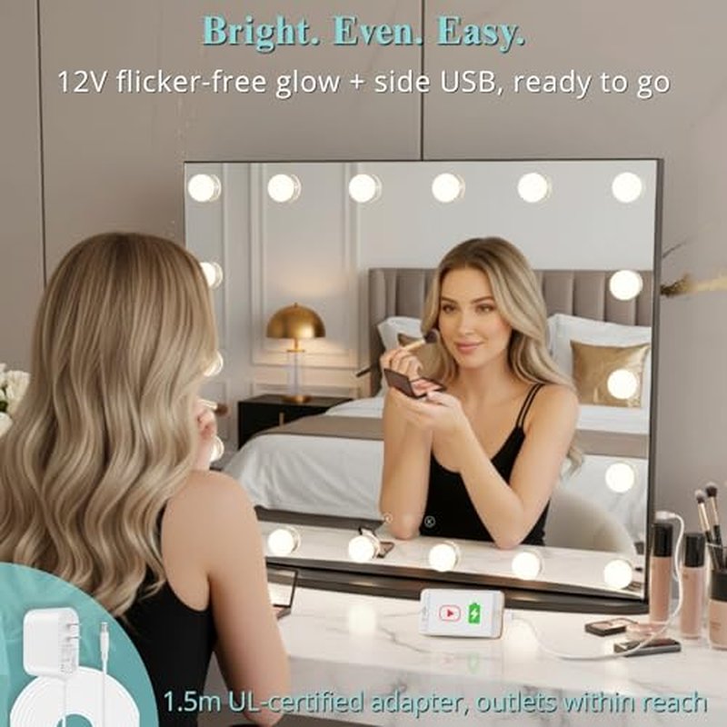 LUXFURNI 23.6" x 20.5" Hollywood Vanity Mirror with Lights, Light Up Makeup Mirror with 18 LED Bulbs for Bedroom, 3 Color Lighting Modes, Tabletop & Wall Mount, Black
