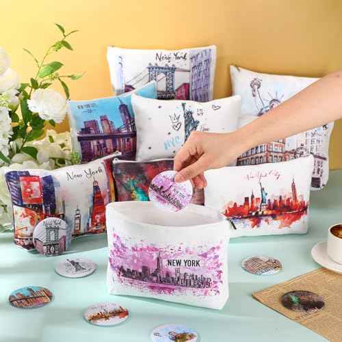 18 Set New York Souvenirs Gifts Include City Cosmetic Bag Bulk New York Makeup Bag Nyc Souvenirs from USA Makeup Mirrors for Women Traveler Birthday Party Favors Trip Journey Gifts