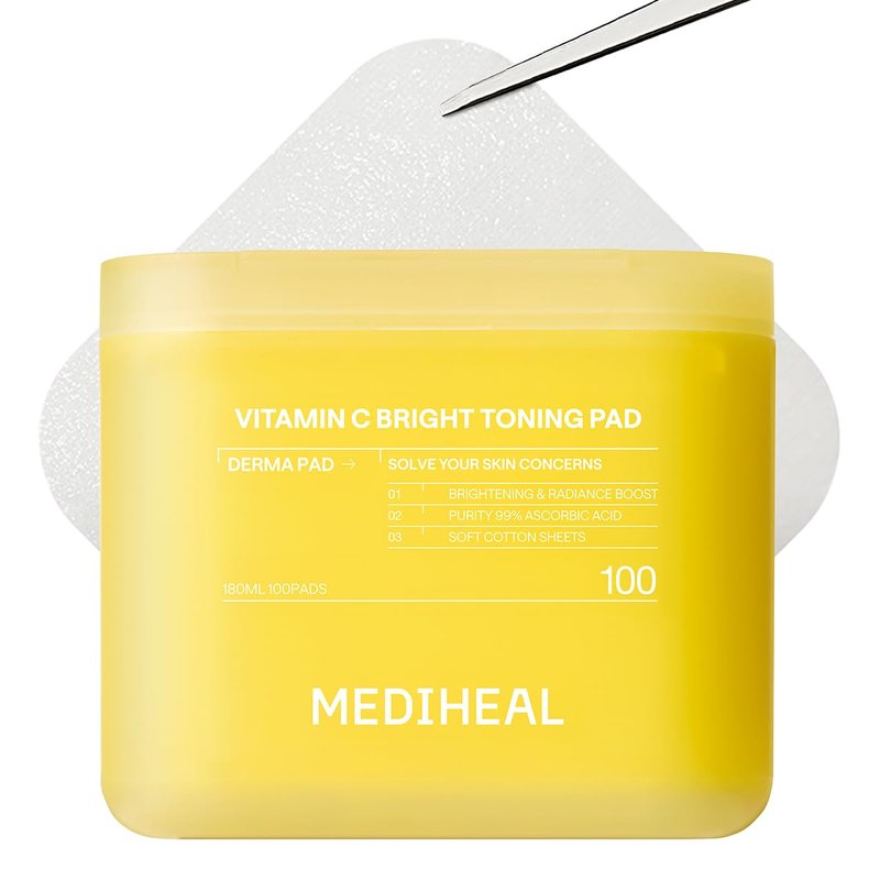 MEDIHEAL Toner Pads 100 Count - Vitamin C Skin Toning - Radiance Booster for Clear & Illuminating Skin - Contains Niacinamide for Blemish Care - Vegan Stretchable Fabric Pads, Korean Skin Care