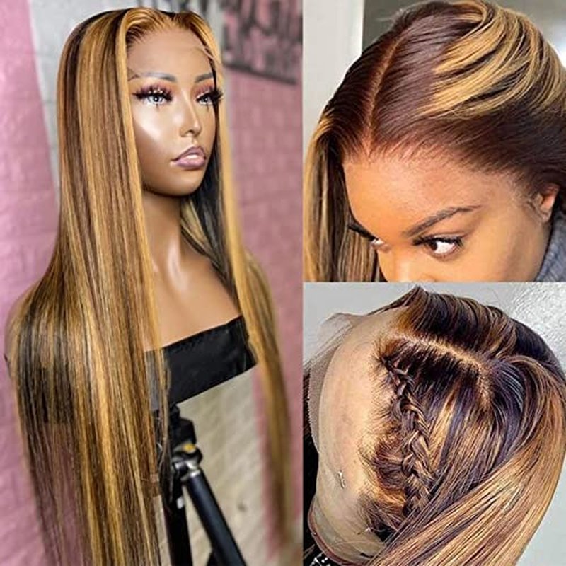 Lemoda Outlet Deals 13x6 Highlight Ombre Lace Front Wig Human Hair 180 Density 22 Inch Straight Transparent Lace Pre Plucked Honey Blonde Human Hair Wigs for Women P4/27 Color
