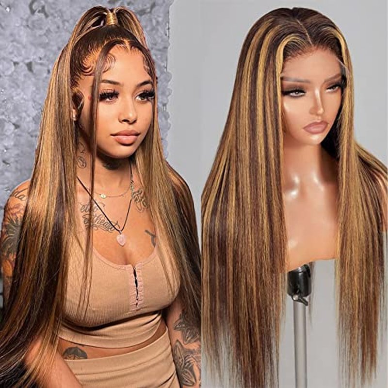 CLong Highlight Ombre Lace Front Wig Human Hair, 13x4 Straight 4/27 Honey Blonde HD Lace Front Wig Pre Plucked 200% Density Colored Lace Front Wigs for Black Women 22Inch