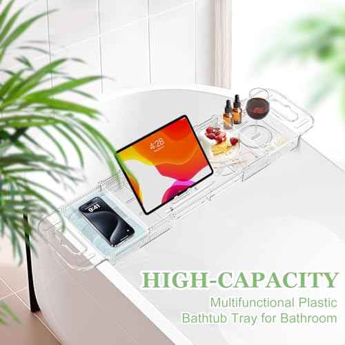 Expandable Drain Bath Caddy Tray for Tub, YOCOMEY Multifunctional Acrylic Bathtub Tray Bathroom Organizer, Simple Bathtub Table Trays Storage Rack for Candle Towel Book Wine Phone Shower(Clear)