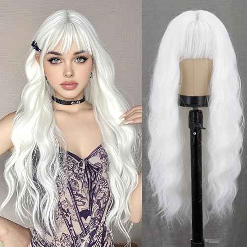 MERISIHAIR Long White Wavy Wig with Bangs 26 Inches Natural Looking Synthetic Heat Resistant Hair Wigs for Women Daily Party Cosplay Wigs