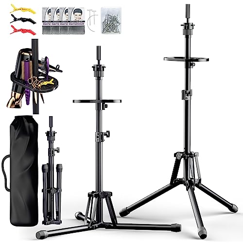 Wig Stand Tripod - Reinforced Metal Mannequin Head Stand with Tool Tray, Adjustable Height 31" - 57" Wig Head Stand for Styling Cosmetology Hairdressing Training with Wig Caps T-Pins Hair Clips