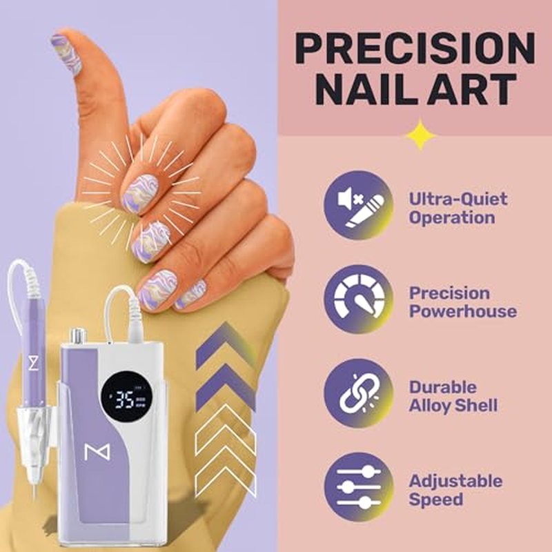 M ? Ying Yang Brushless Nail Drill 35K RPM | Pro Cordless Efile 85W | Rechargeable USB-C Fast Charging | Portable Aluminum Alloy Shell | Quiet Low Vibration Tool for Acrylic Gel Nails (White)
