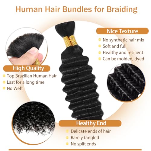 Human Braiding Hair for Boho Braids 18 Inch Natural Black Deep Wave Bulk Human Hair for Braiding 2 Bundles 100g 12A Virgin Curly Human Hair for Boho Knotless Braids (#1B,18Inch)