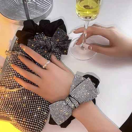 2 Pack Large Rhinestone Bow Scrunchies for Women Girls Shiny Crystal Hairband Ponytail Holders Elastic Hair Ties Hair Accessories (Black)
