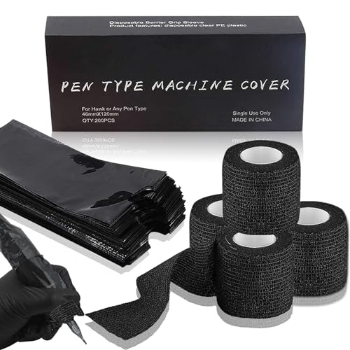 200PCS Pen Covers with 4PCS Grip Tape - CINRA Machine Cover Bags Black Tattoo Pen Covers Sleeves with Black Grip Cover Wrap Self-Adherent Tape Plastic Covers for Tattoo Machine Tattoo Supplies