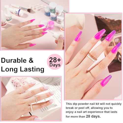 Glow in Dark Dip Powder Nail Set, 6 Colors 12 Pcs Dipping Powder Kit With Base & Top Coat/Activator/Brush Saver,Nail Art Dip Manicure Kits Odor-Free&Long-Lasting, No Needed Nail Lamp Curing