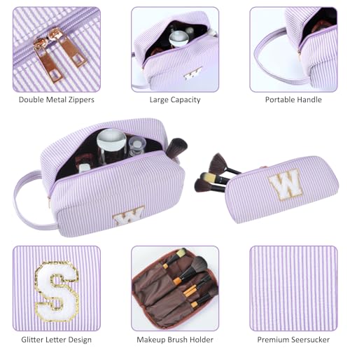 2pcs Personalized Initial Makeup Bag A-Z, Travel Toiletry Bag Preppy Make Up Bags Girls Cute Cosmetic Pouch Makeup Organizer Wedding Birthday Mothers Day Gifts for Women (Purple, V)