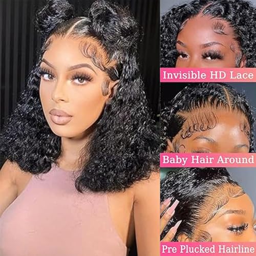 13x6 Deep Wave Bob Wig Human Hair 200 Density HD Lace Front Wigs Glueless Short Curly Lace Frontal Human Hair Wigs for Black Women Pre Plucked Natural Black 12 Inch