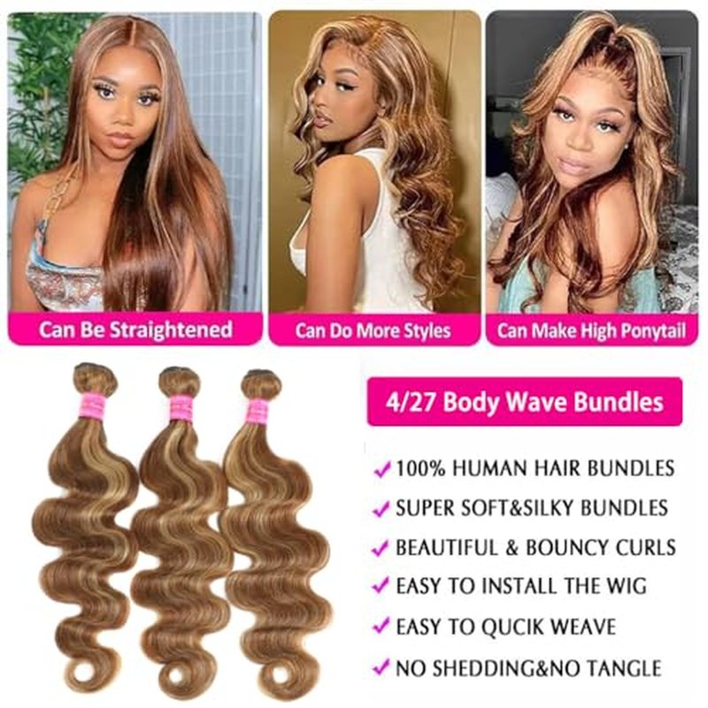 YISEA Ombre Highlight Body Wave Bundles Human Hair 12A Honey Blonde P4/27 Human Hair Body Wave 4 Bundles (18 20 22 inch) 100% Unprocessed Brazilian Virgin Hair Bouble Weft Natural Weave