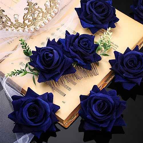 Geyoga Flower Hair Clip Set, 6 Pcs Rose Hair Accessories for Women Girls Wedding Dancing Party (Navy Blue)