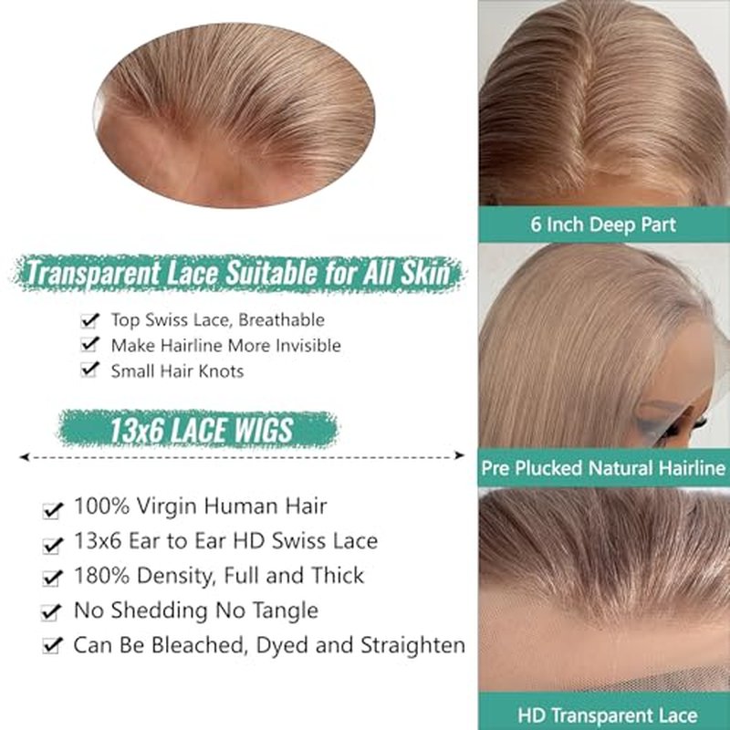 Munx Ash Blonde Straight Human Hair Wig Pre Plucked Real Ear To Ear 13x6 Lace Front Glueless Wig Bleached Invisible Knots Wear and Go 180% Density 18Inch HD Transparent Colored Frontal Wigs